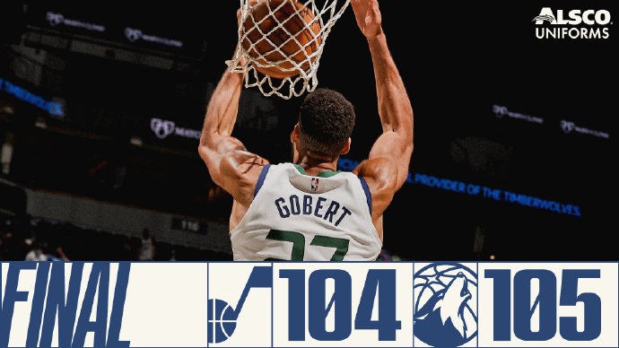 森林狼105-104力克爵士 拉塞尔27+12准绝杀 唐斯21+11 康利26+9+7