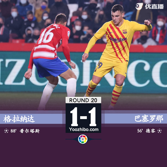 <a href=/zuqiu_jingcai/barcelona/ target=_blank class=infotextkey>巴萨</a>1-1格拉纳达  阿尔维斯助攻卢克-德容连场破门